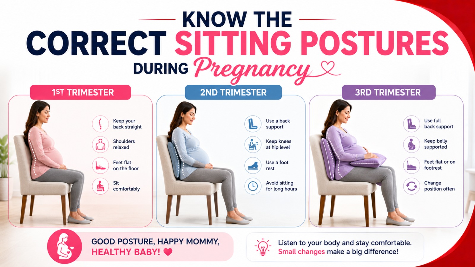Know the Correct Sitting Postures during Pregnancy: 1st Trimester, 2nd Trimester and 3rd Trimester