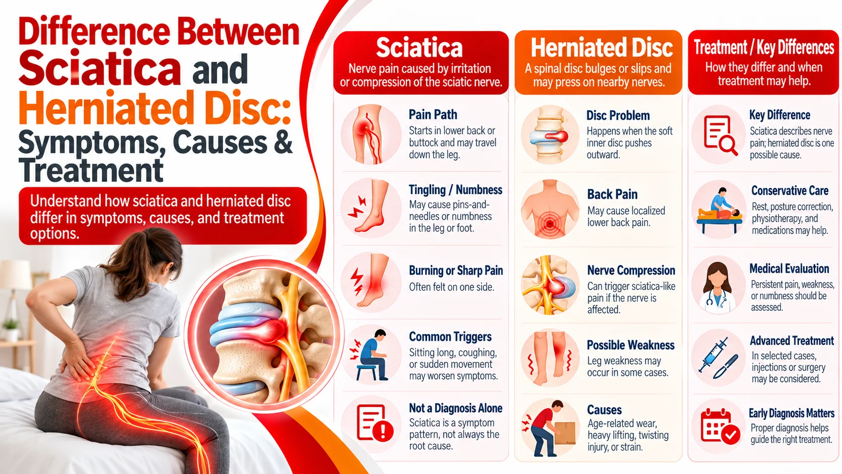 Difference Between Sciatica and Herniated Disc: Symptoms, Causes & Treatment