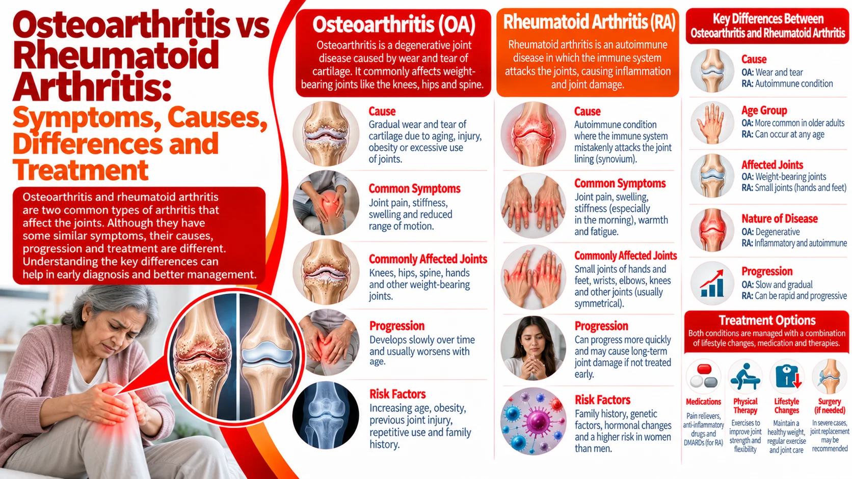 Osteoarthritis vs Rheumatoid Arthritis: Symptoms, Causes, Differences and Treatment